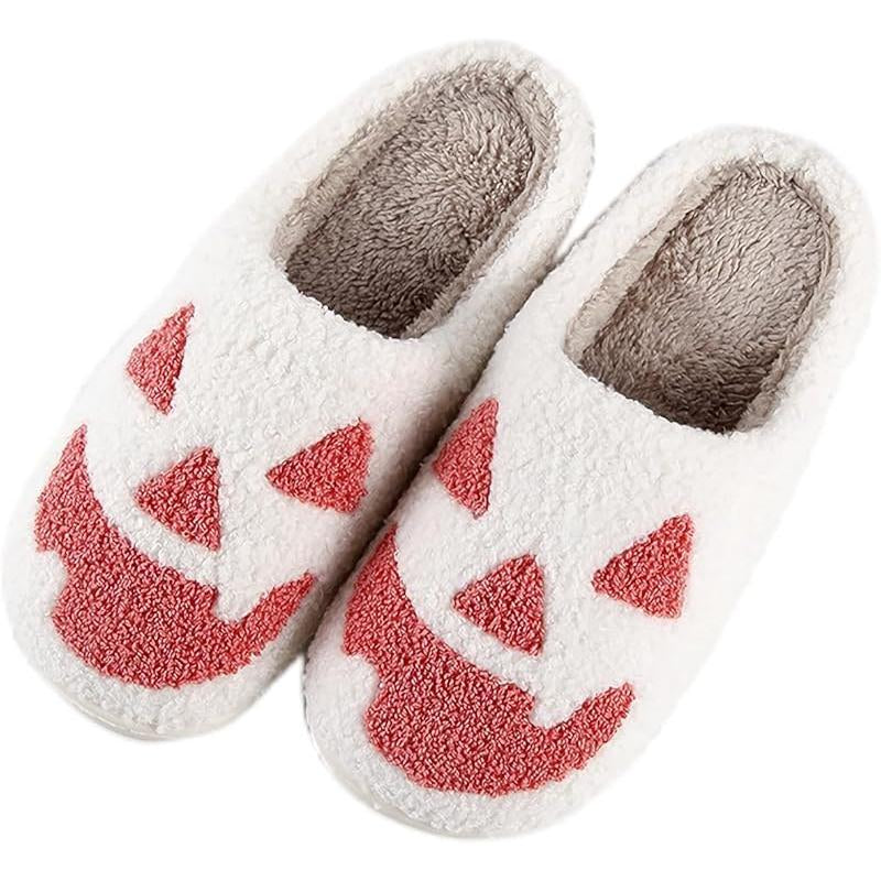 Halloween Pumpkin Slippers for Women Men Spooky Slides Soft Plush Fuzzy Slippers Cozy House Slippers Indoor Outdoor Shoes