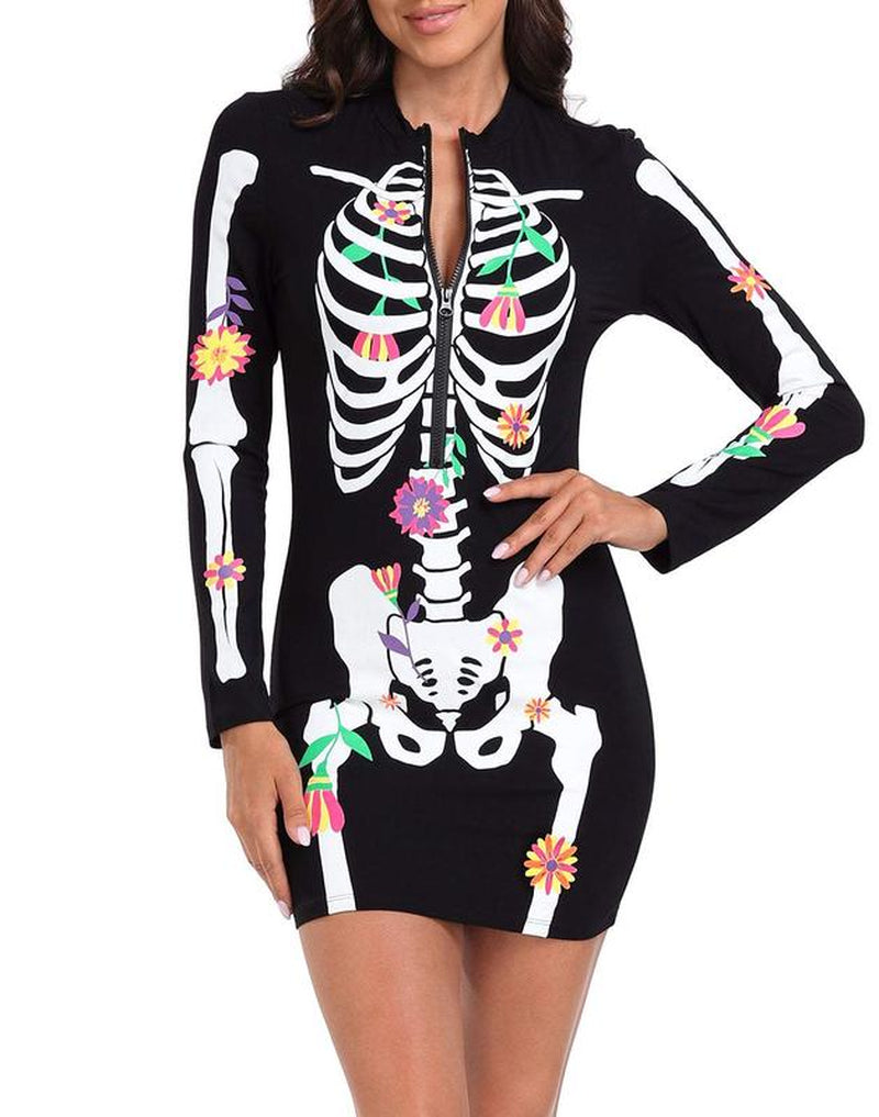 HDE Women'S Skeleton Dress Halloween Costume Stretchy Long Sleeve Mini Dress Cosplay Fitted Casual Womenswear Accessories Adjustable