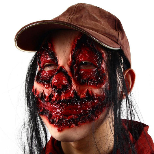 Scary Scar Face Gory Halloween Bloody Mask with Hair Costume Mask for Adult