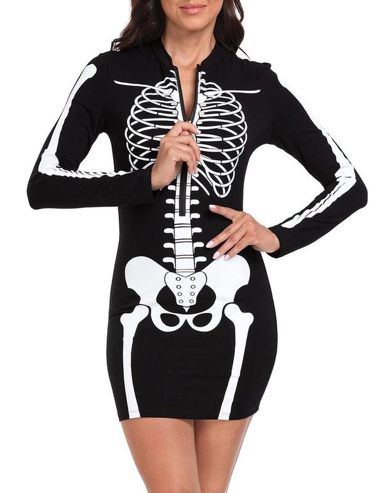 HDE Women'S Skeleton Dress Halloween Costume Stretchy Long Sleeve Mini Dress Cosplay Fitted Casual Womenswear Accessories Adjustable