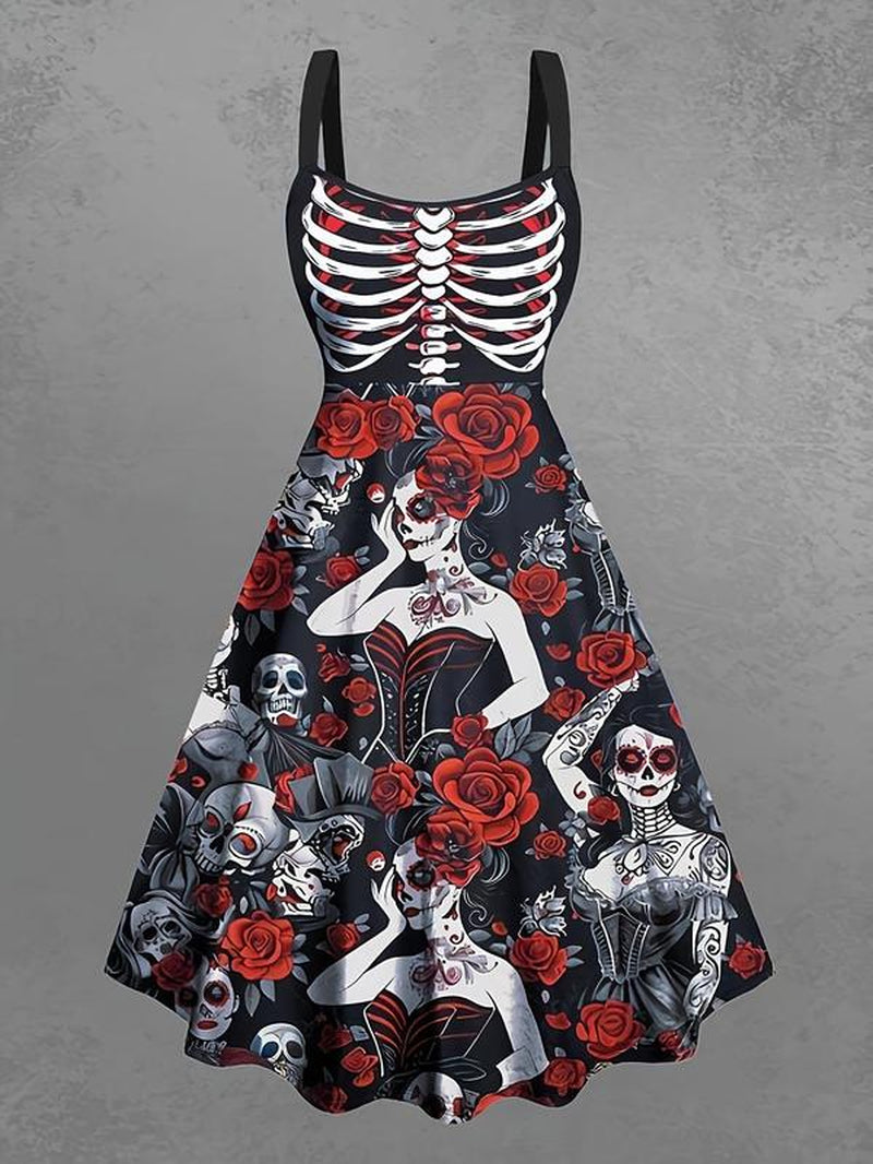 【Plus Size】 All over Skull Rose Print Backless Dress, Halloween Dress, Boho Sleeveless a Line Dress for Party Holiday Vacation, Women'S Clothes for All Seasons