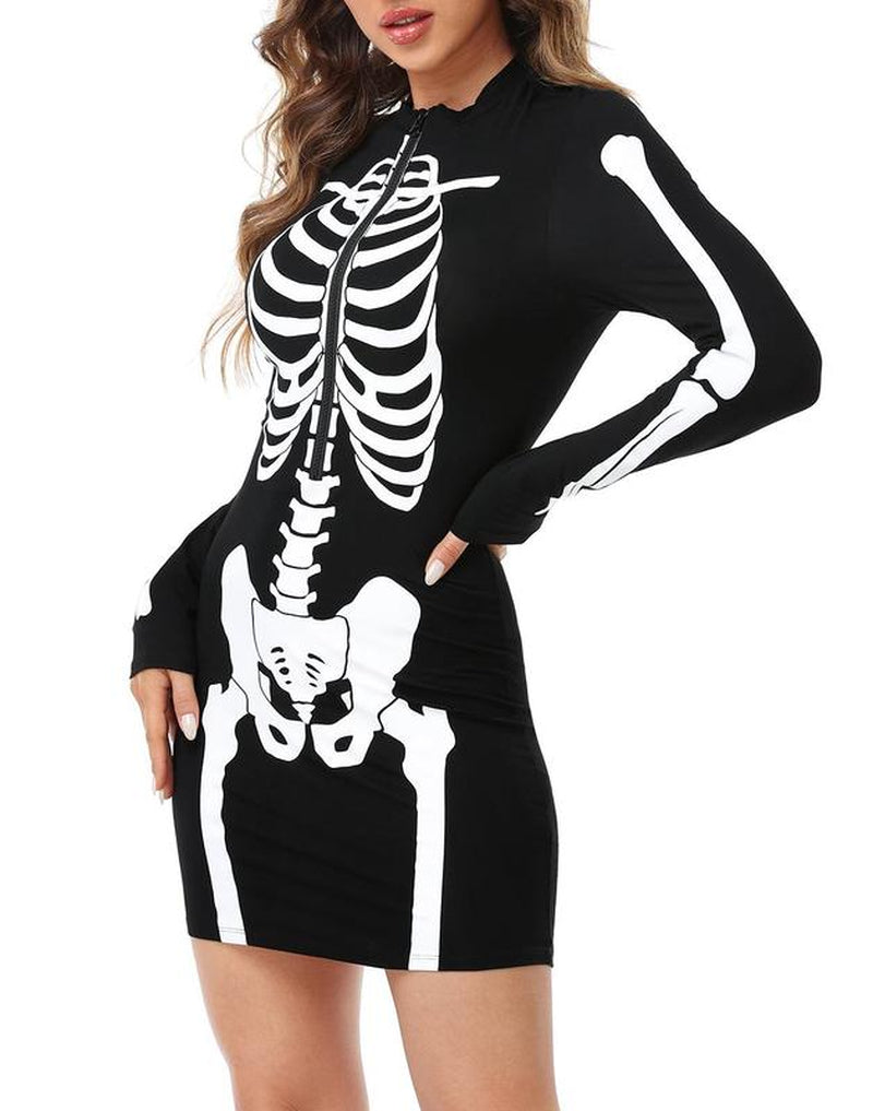 HDE Women'S Skeleton Dress Halloween Costume Stretchy Long Sleeve Mini Dress Cosplay Fitted Casual Womenswear Accessories Adjustable