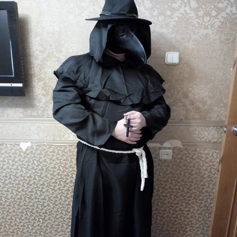 Halloween Medieval Hooded Robe Plague Doctor Cosplay Costume Mask Hat Adult Cosplay Steampunk Priest Horror Wizard Cloak Cloak