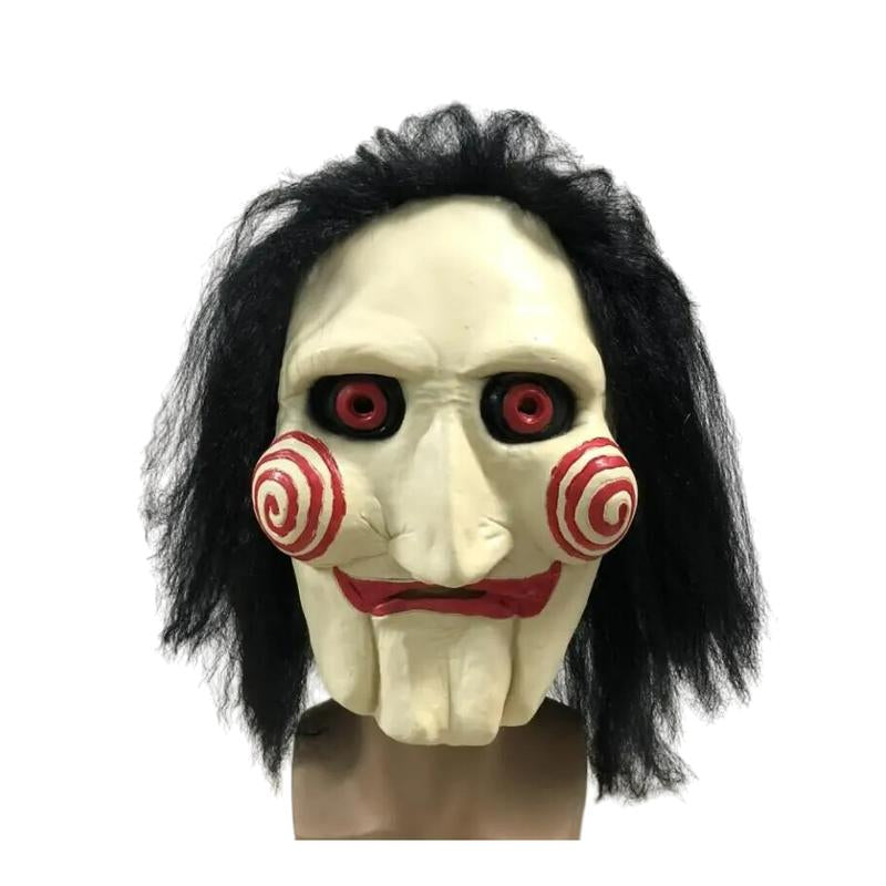 Jigsaw Halloween Mask with Wig Hair | Creepy Horror Latex Puppet Mask Prop for Unisex Halloween Cosplay Party | Scary Saw Mask Costume Party