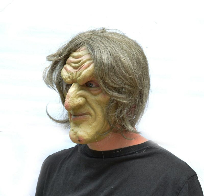 Realistic Ugly Old Lady Face Halloween Season Witch Mask with Hair