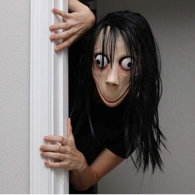 MOMO Mask Horror Devil Mask with Long Hair, Scary Costume Halloween Maks Creepy Cosplay Party Decoration Prop