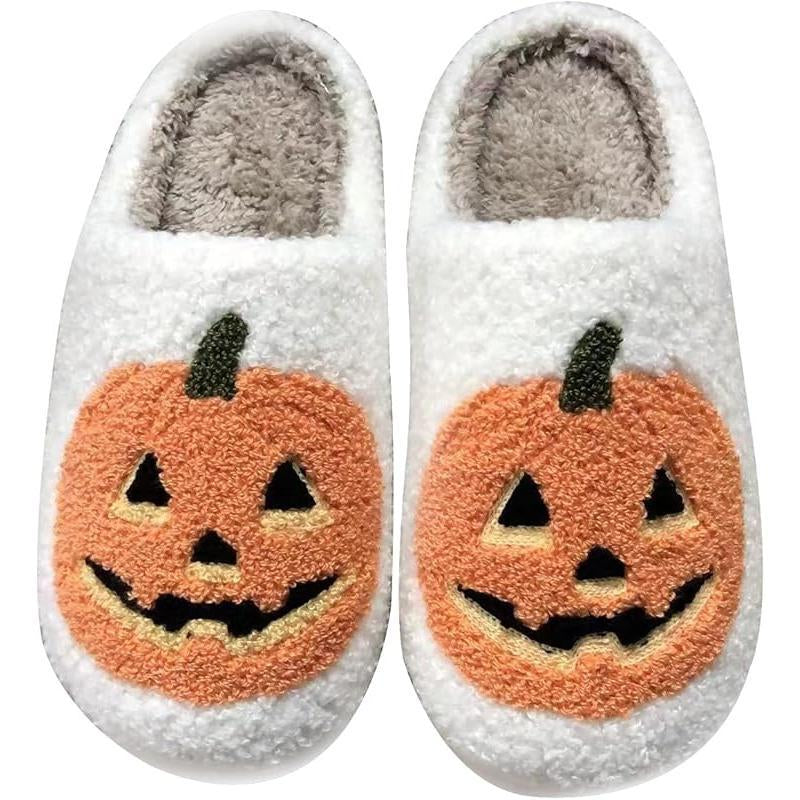 Halloween Pumpkin Slippers for Women Men Spooky Slides Soft Plush Fuzzy Slippers Cozy House Slippers Indoor Outdoor Shoes