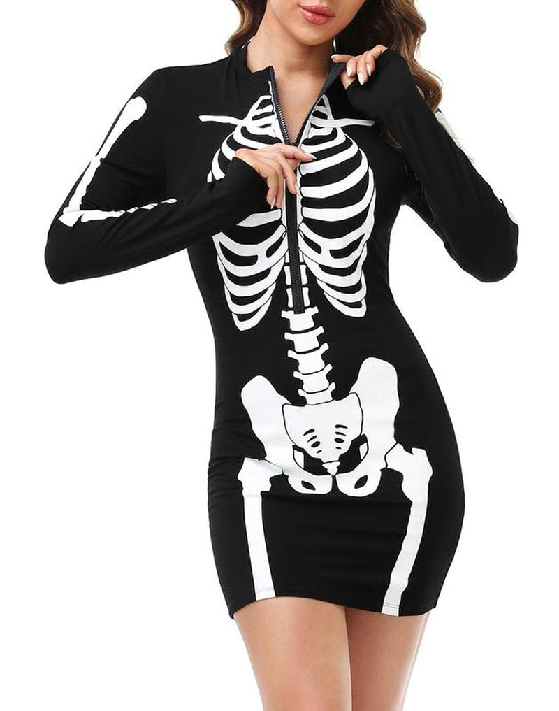 HDE Women'S Skeleton Dress Halloween Costume Stretchy Long Sleeve Mini Dress Cosplay Fitted Casual Womenswear Accessories Adjustable