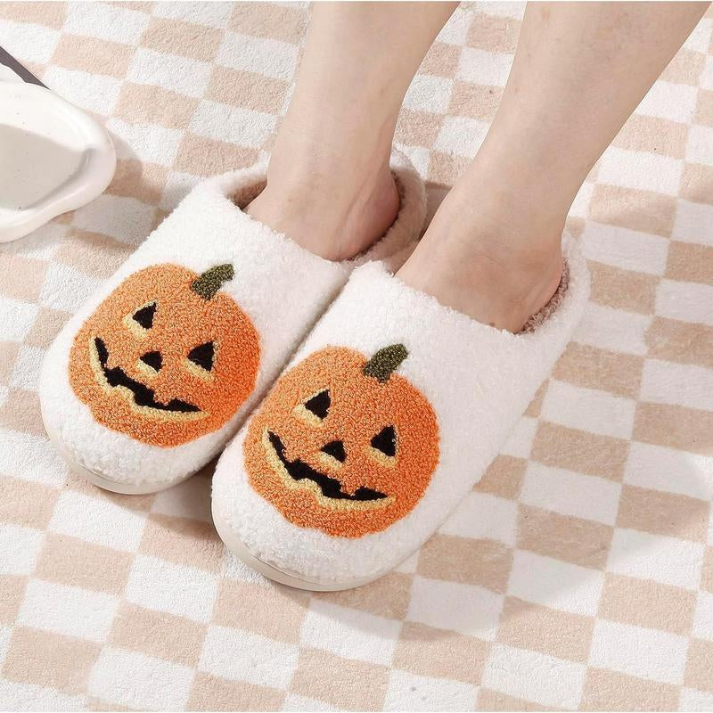 Halloween Pumpkin Slippers for Women Men Spooky Slides Soft Plush Fuzzy Slippers Cozy House Slippers Indoor Outdoor Shoes