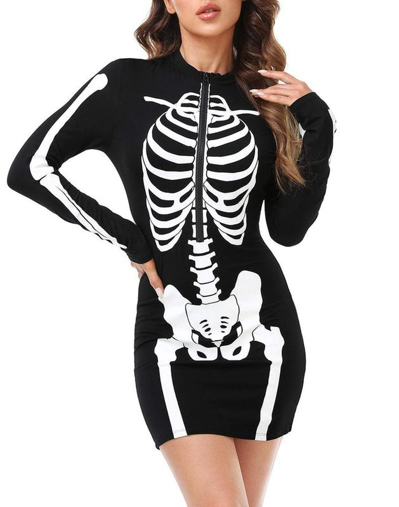 HDE Women'S Skeleton Dress Halloween Costume Stretchy Long Sleeve Mini Dress Cosplay Fitted Casual Womenswear Accessories Adjustable