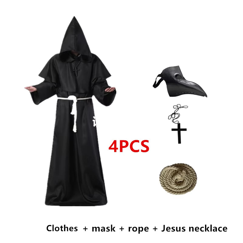 Halloween Medieval Hooded Robe Plague Doctor Cosplay Costume Mask Hat Adult Cosplay Steampunk Priest Horror Wizard Cloak Cloak