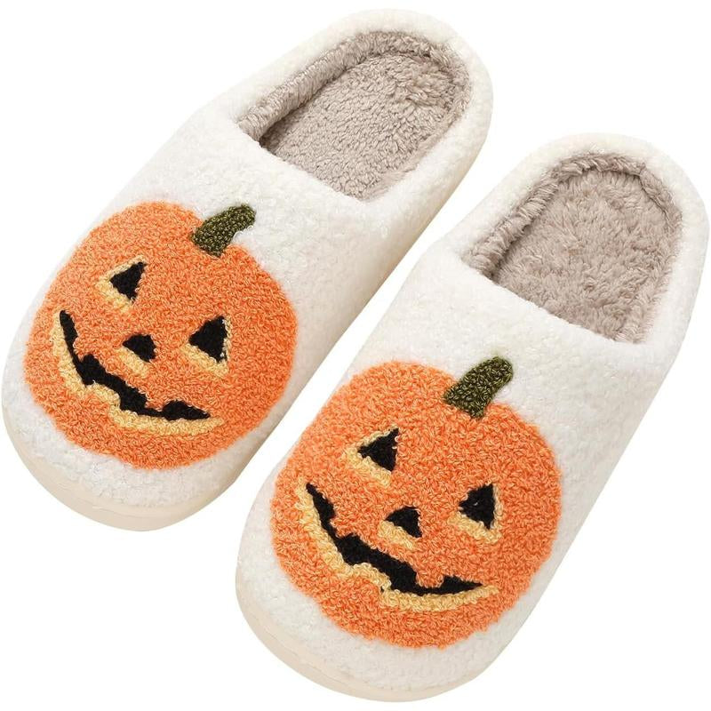 Halloween Pumpkin Slippers for Women Men Spooky Slides Soft Plush Fuzzy Slippers Cozy House Slippers Indoor Outdoor Shoes