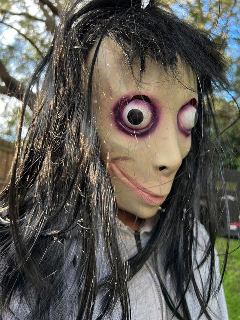 MOMO Mask Horror Devil Mask with Long Hair, Scary Costume Halloween Maks Creepy Cosplay Party Decoration Prop