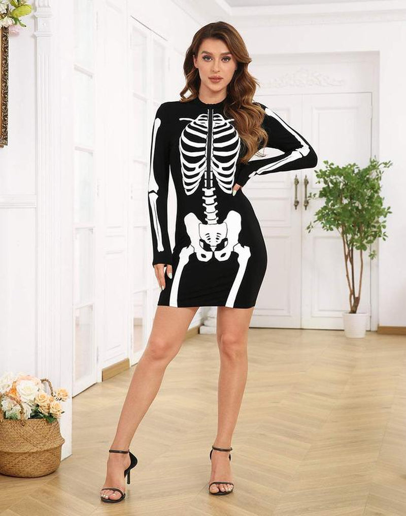 HDE Women'S Skeleton Dress Halloween Costume Stretchy Long Sleeve Mini Dress Cosplay Fitted Casual Womenswear Accessories Adjustable