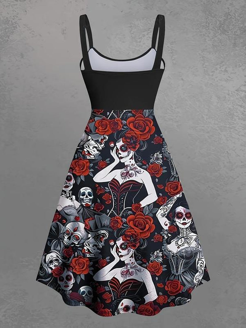 【Plus Size】 All over Skull Rose Print Backless Dress, Halloween Dress, Boho Sleeveless a Line Dress for Party Holiday Vacation, Women'S Clothes for All Seasons