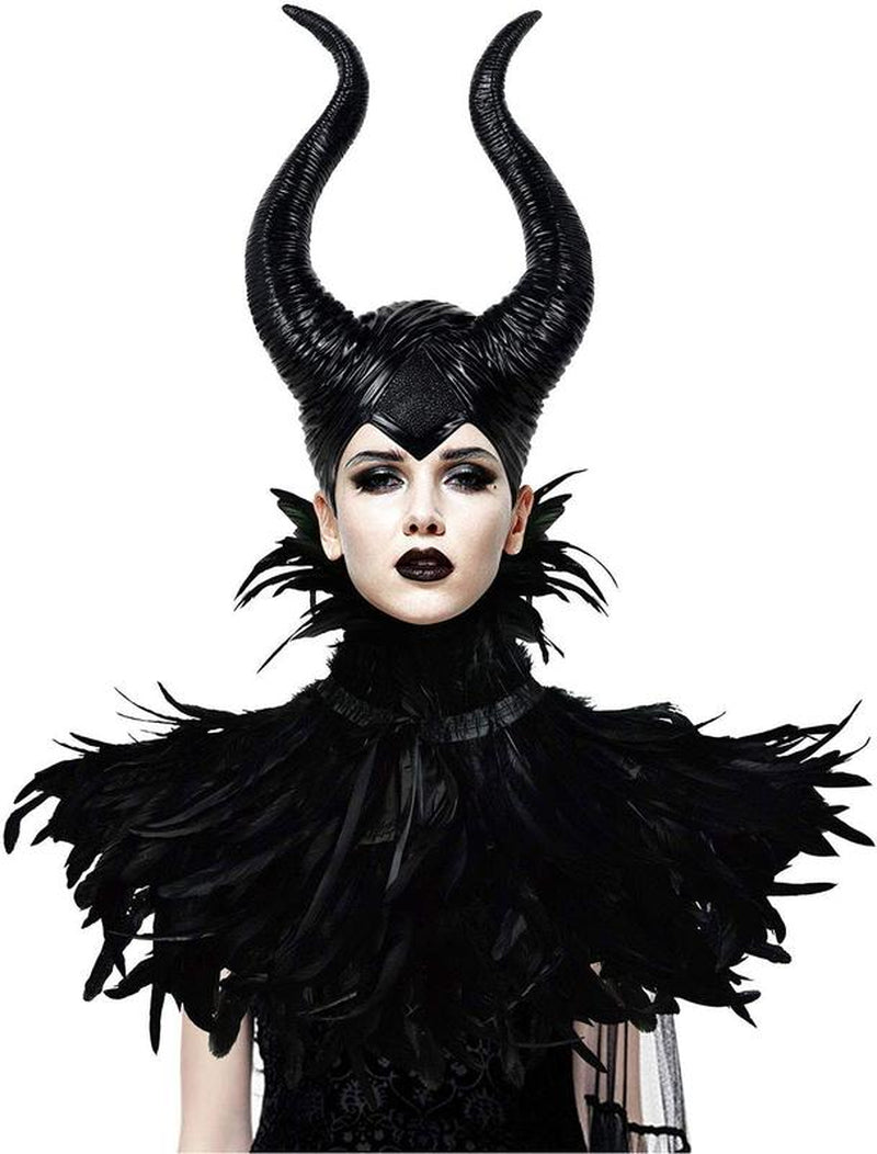 Evil Queen Feather Horns Costume for Women Black Cape Halloween Headpiece Shawl