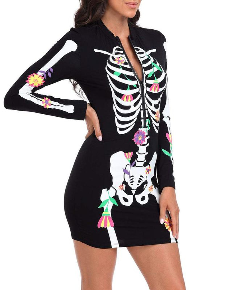 HDE Women'S Skeleton Dress Halloween Costume Stretchy Long Sleeve Mini Dress Cosplay Fitted Casual Womenswear Accessories Adjustable