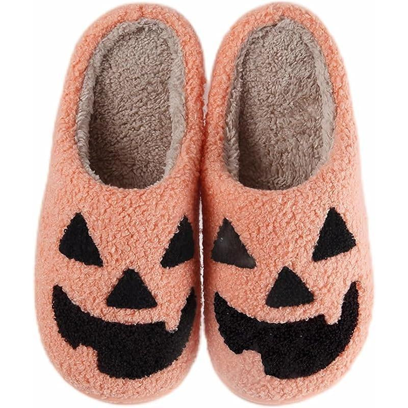 Halloween Pumpkin Slippers for Women Men Spooky Slides Soft Plush Fuzzy Slippers Cozy House Slippers Indoor Outdoor Shoes