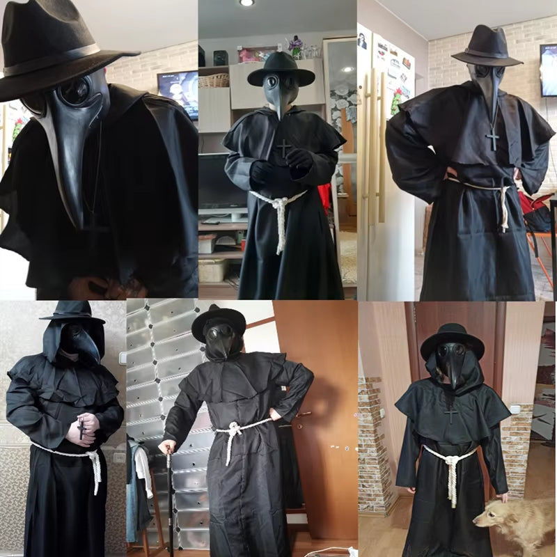 Halloween Medieval Hooded Robe Plague Doctor Cosplay Costume Mask Hat Adult Cosplay Steampunk Priest Horror Wizard Cloak Cloak