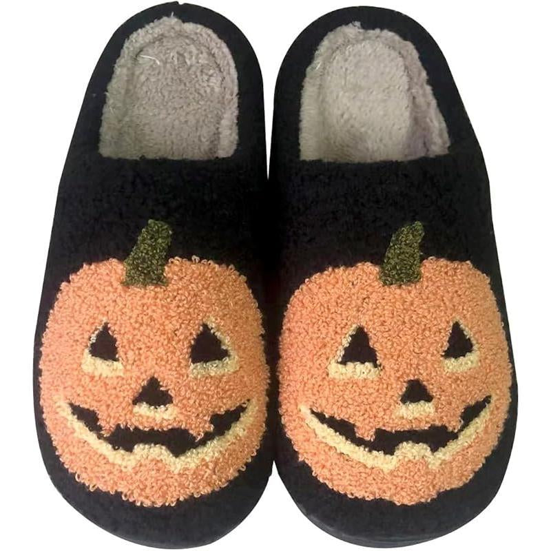 Halloween Pumpkin Slippers for Women Men Spooky Slides Soft Plush Fuzzy Slippers Cozy House Slippers Indoor Outdoor Shoes