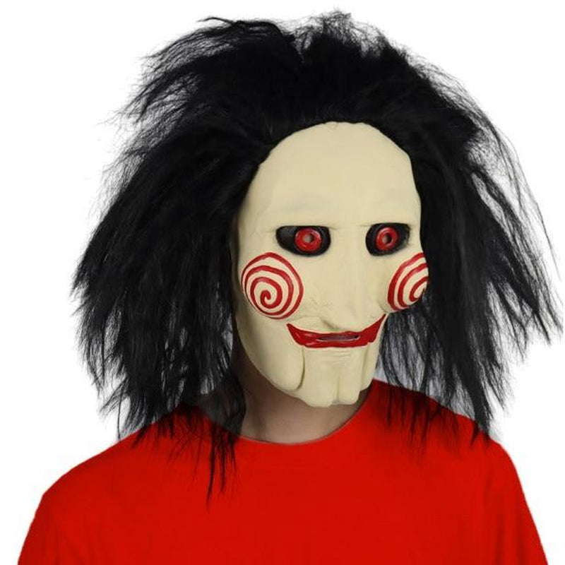 Jigsaw Halloween Mask with Wig Hair | Creepy Horror Latex Puppet Mask Prop for Unisex Halloween Cosplay Party | Scary Saw Mask Costume Party