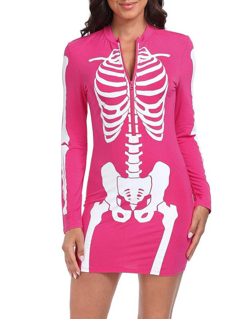 HDE Women'S Skeleton Dress Halloween Costume Stretchy Long Sleeve Mini Dress Cosplay Fitted Casual Womenswear Accessories Adjustable