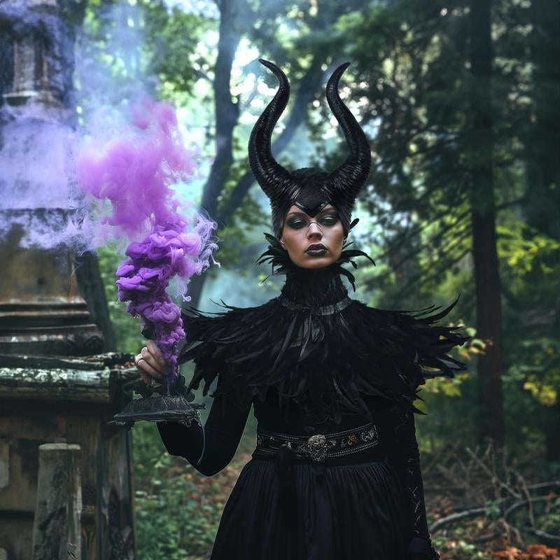 Evil Queen Feather Horns Costume for Women Black Cape Halloween Headpiece Shawl