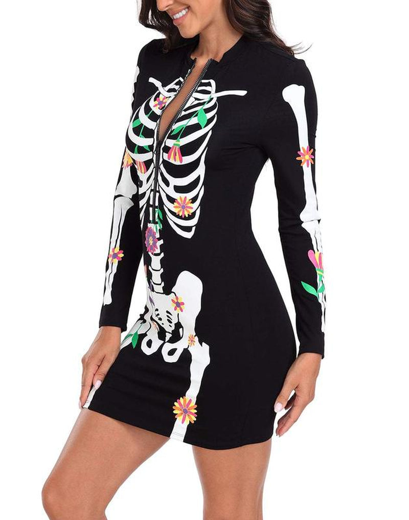 HDE Women'S Skeleton Dress Halloween Costume Stretchy Long Sleeve Mini Dress Cosplay Fitted Casual Womenswear Accessories Adjustable