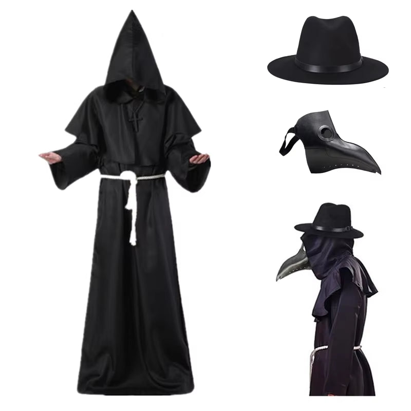 Halloween Medieval Hooded Robe Plague Doctor Cosplay Costume Mask Hat Adult Cosplay Steampunk Priest Horror Wizard Cloak Cloak